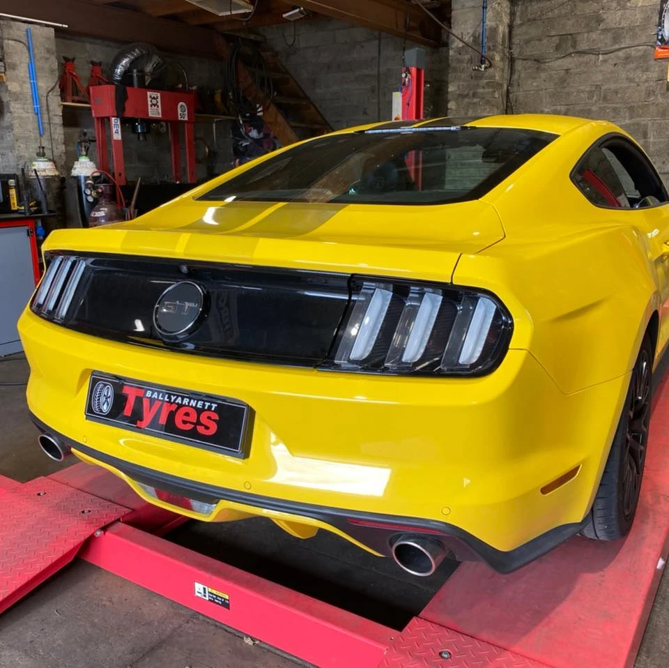Ford Mustang GT at Ballyarnett Tyres garage