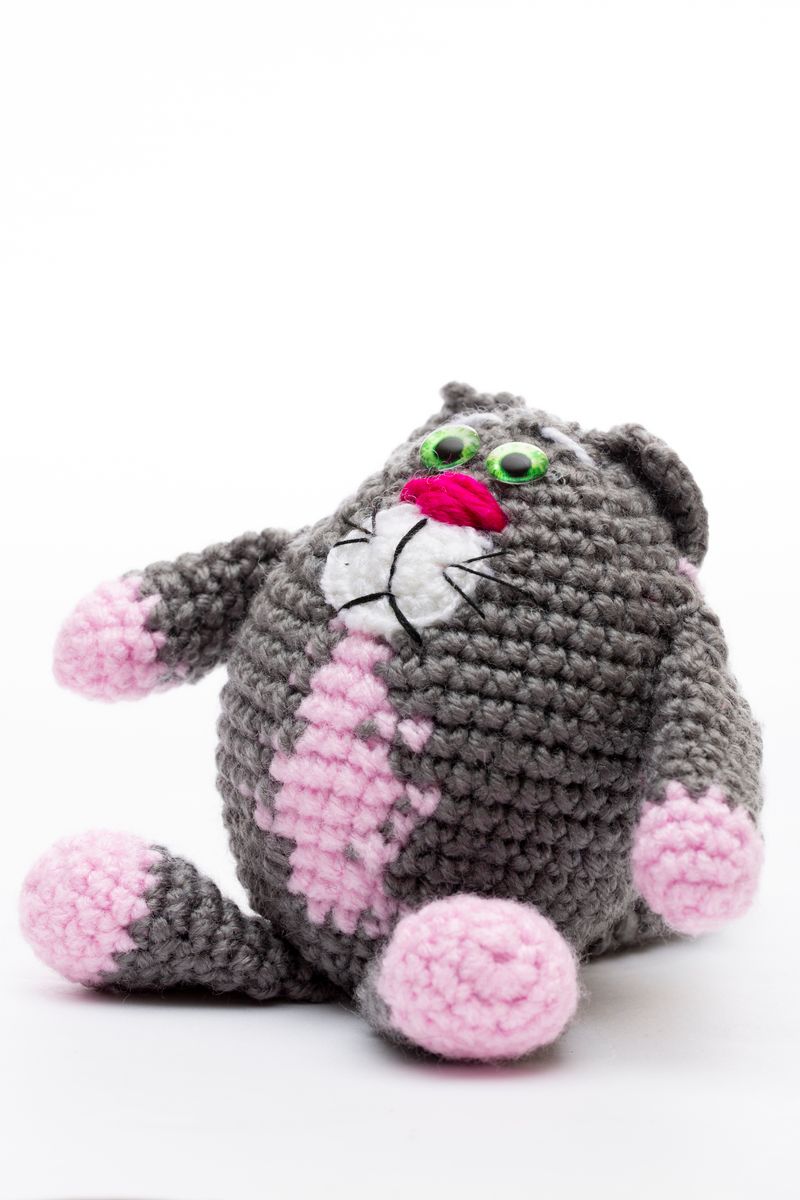 Handmade crochet cat softie in grey and pink