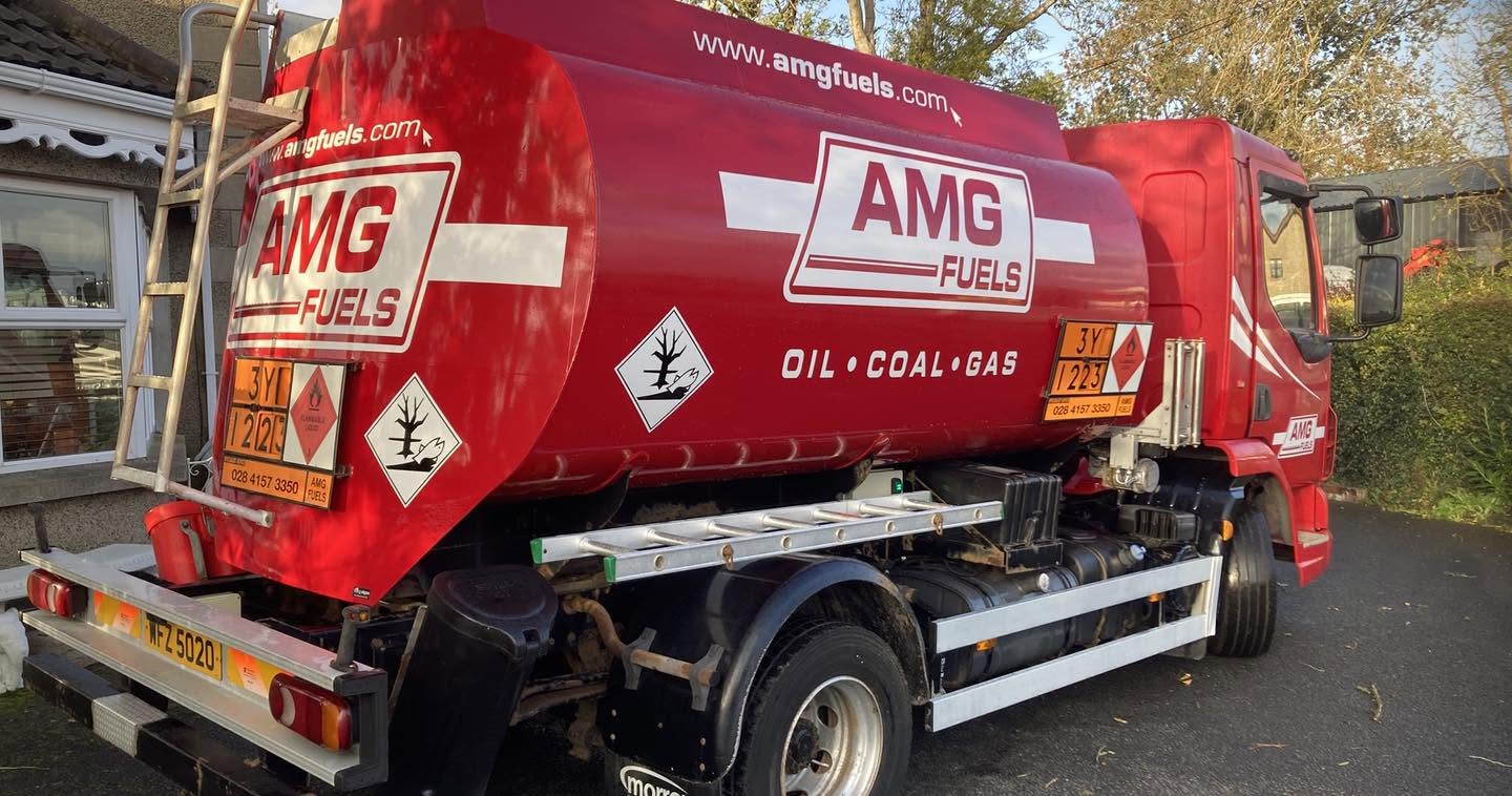 Full vehicle livery and graphics for an AMG Fuels oil, coal and gas delivery lorry