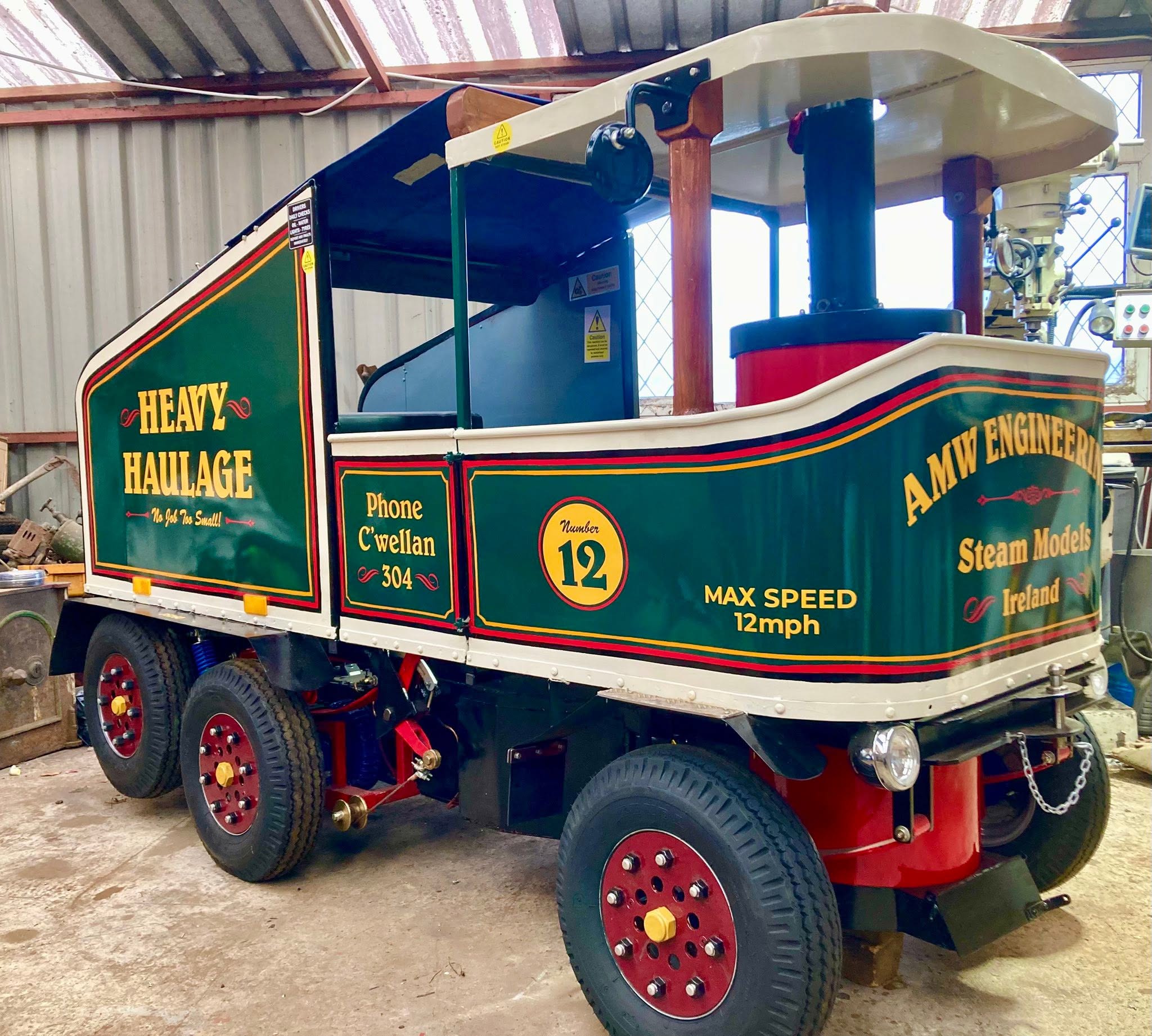 Hand-lettered signwriting on a heavy haulage steam model for AMW Engineering