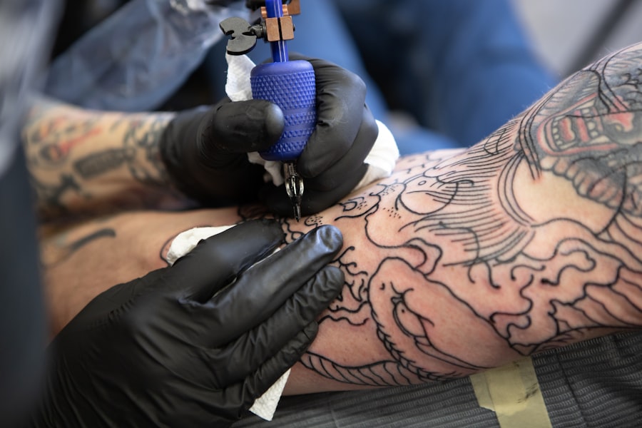 Detailed line-work tattoo in progress