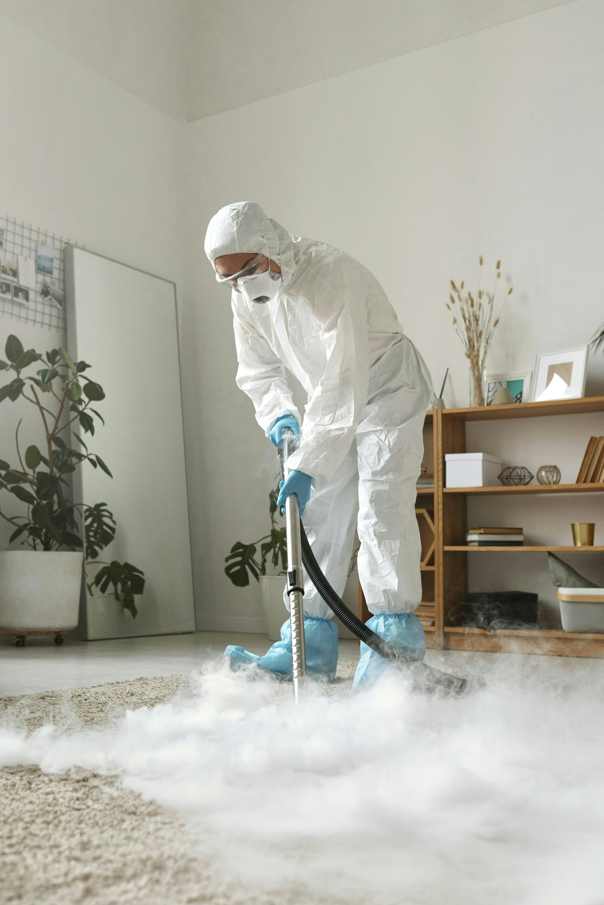 Professional carpet cleaning technician steam cleaning a carpet