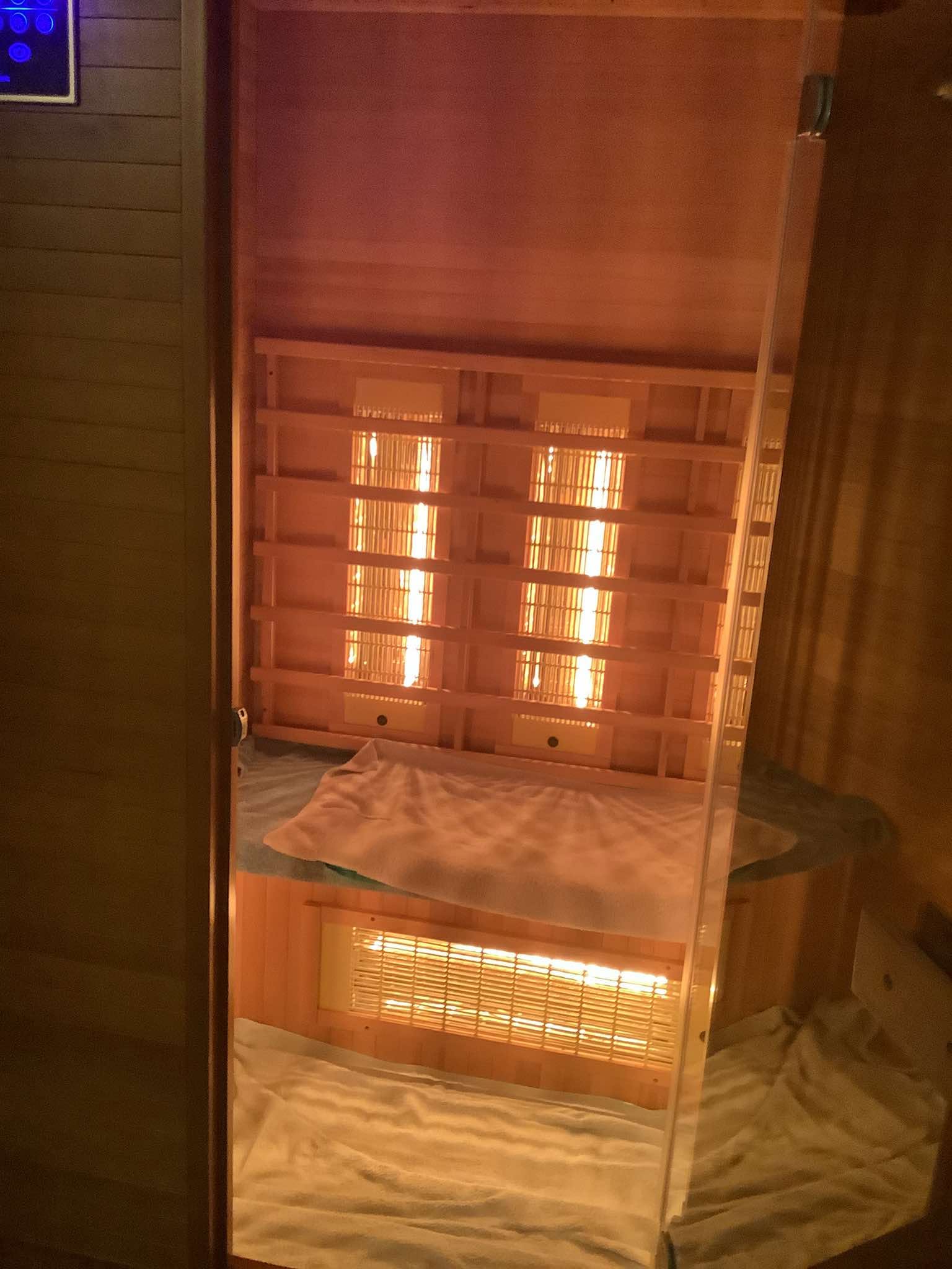 Warm glow inside the infrared sauna
