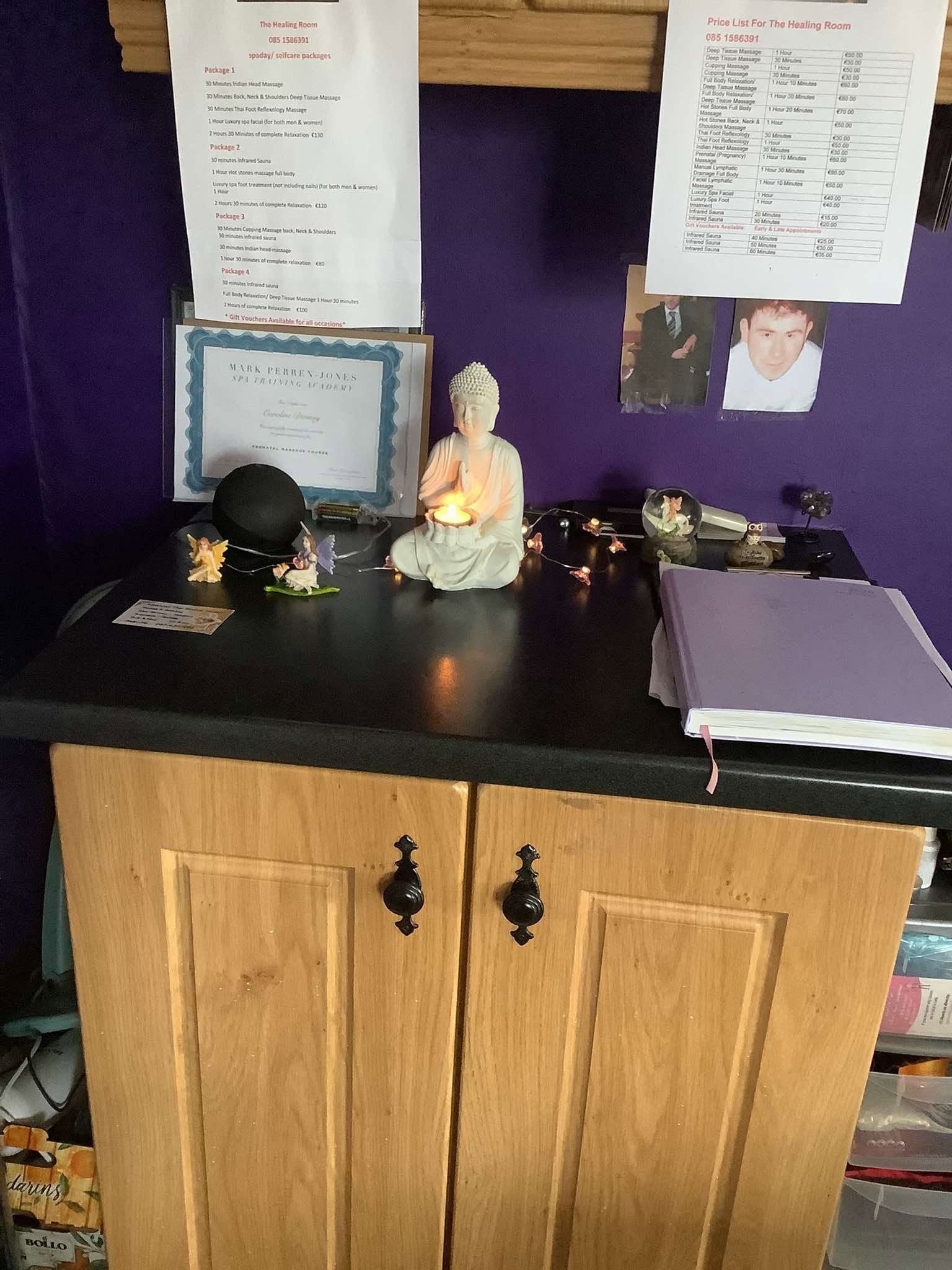 Price lists and calming decor at The Healing Room