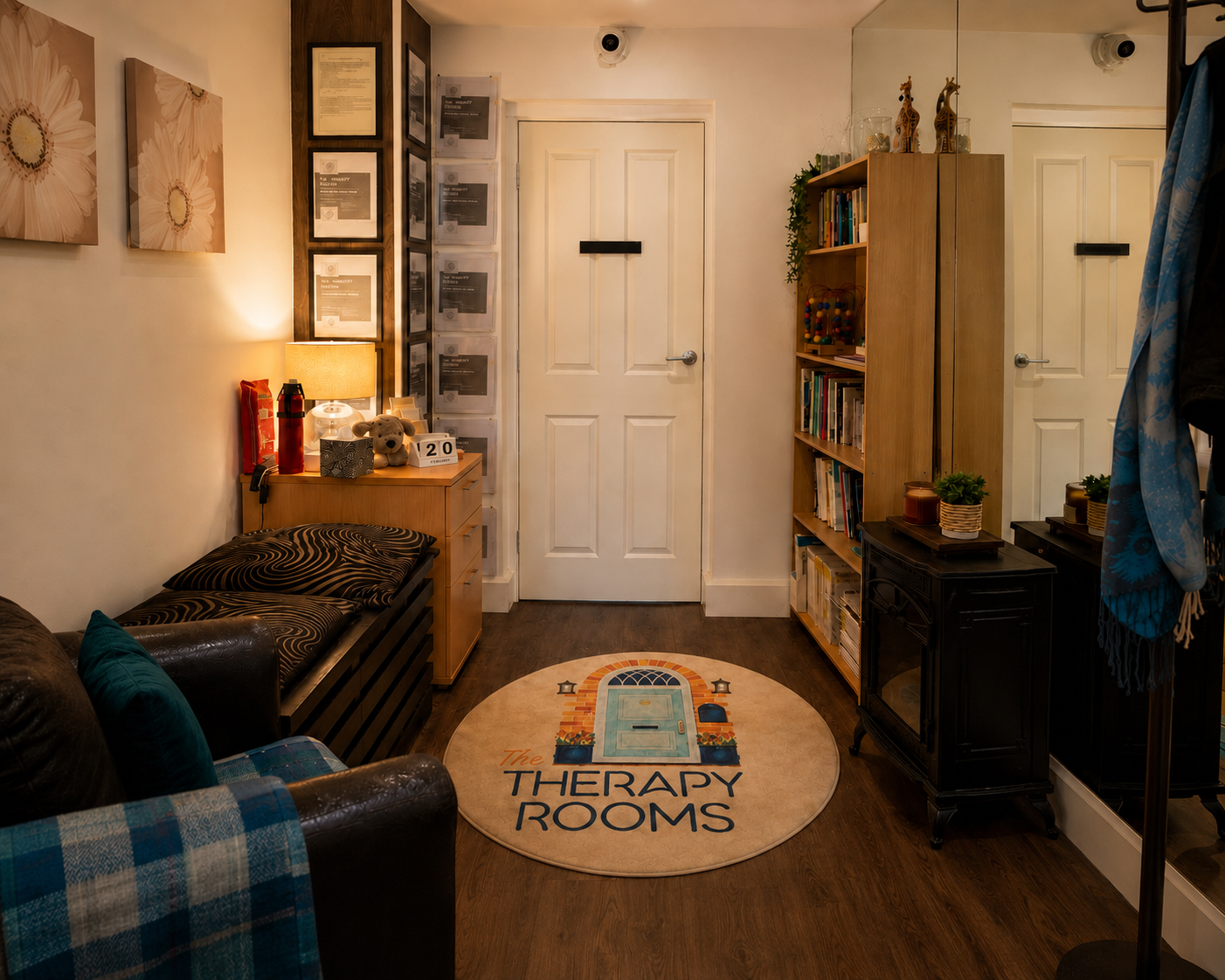 Welcoming entrance and reading corner at The Therapy Rooms