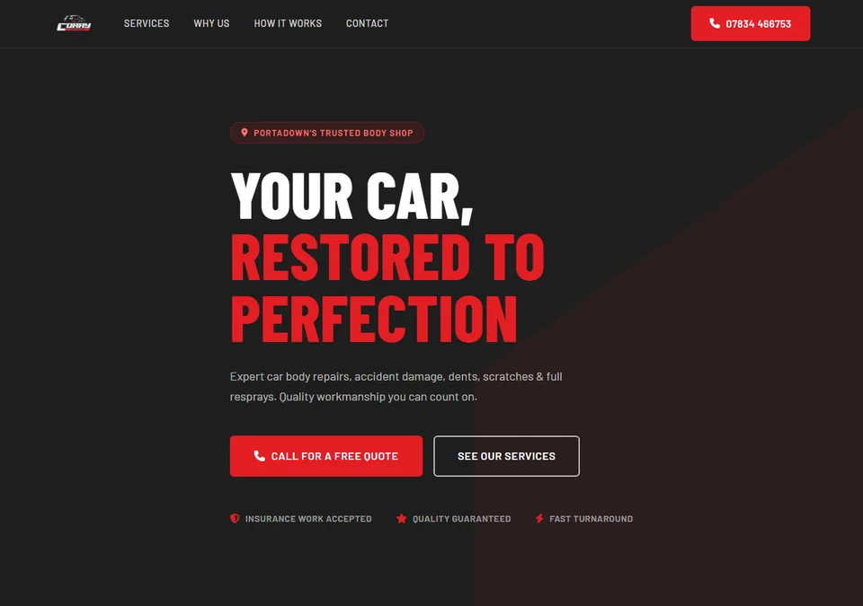 Corry Car Body Repairs website on desktop — accident repair and resprays in Portadown
