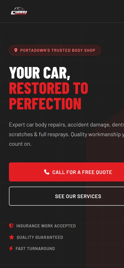 Corry Car Body Repairs website on a phone