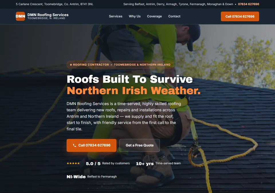 DMN Roofing Services website on desktop — roofing contractor in Toomebridge, Co. Antrim