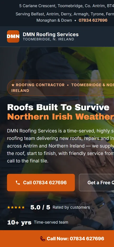 DMN Roofing Services website on a phone