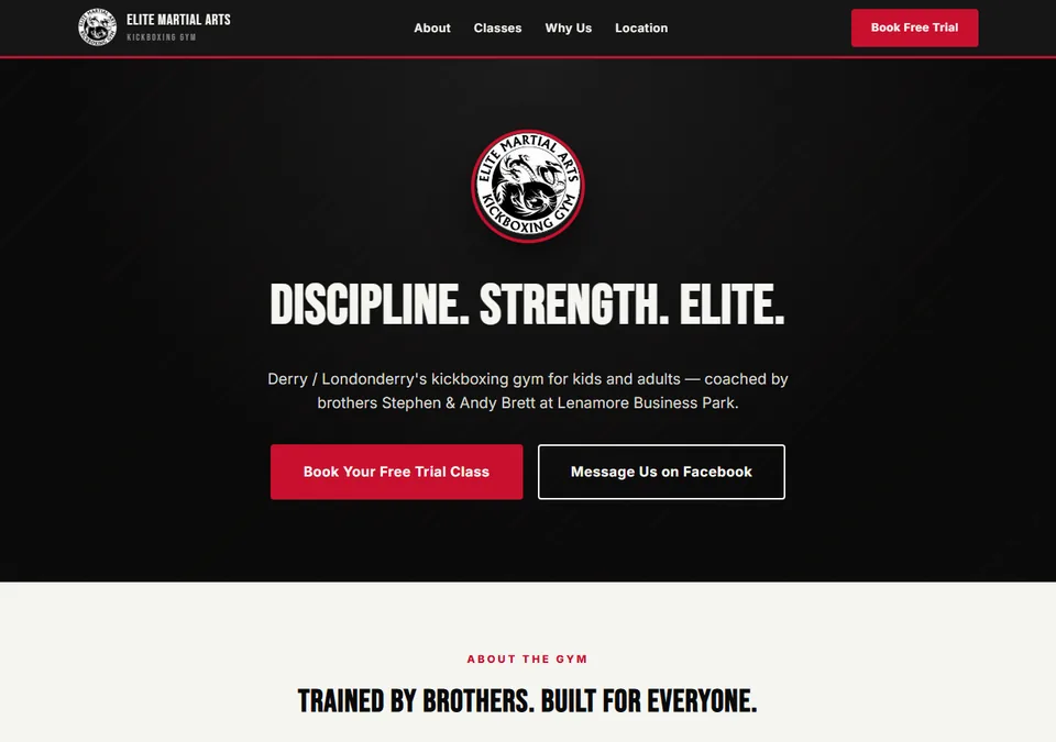 Elite Martial Arts Kickboxing Gym website on desktop — kickboxing classes in Derry