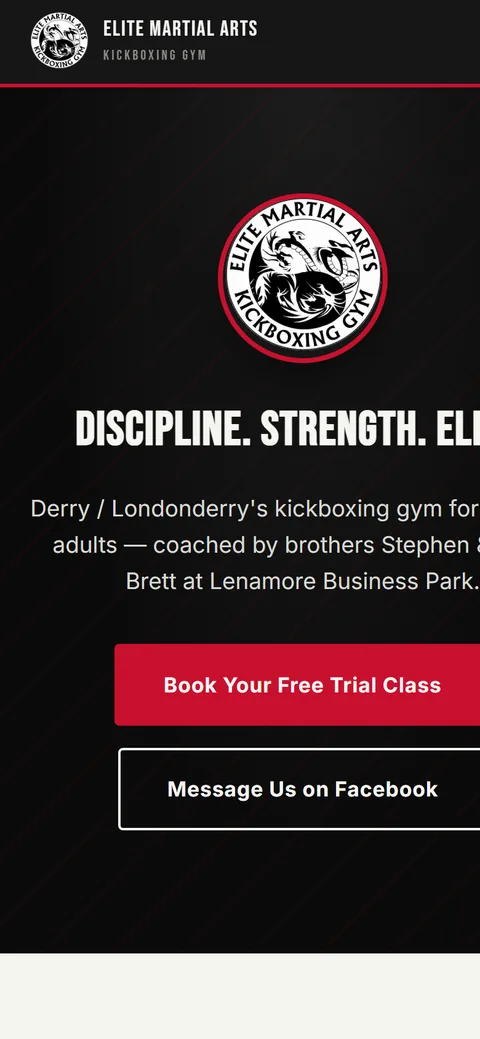 Elite Martial Arts Kickboxing Gym website on a phone