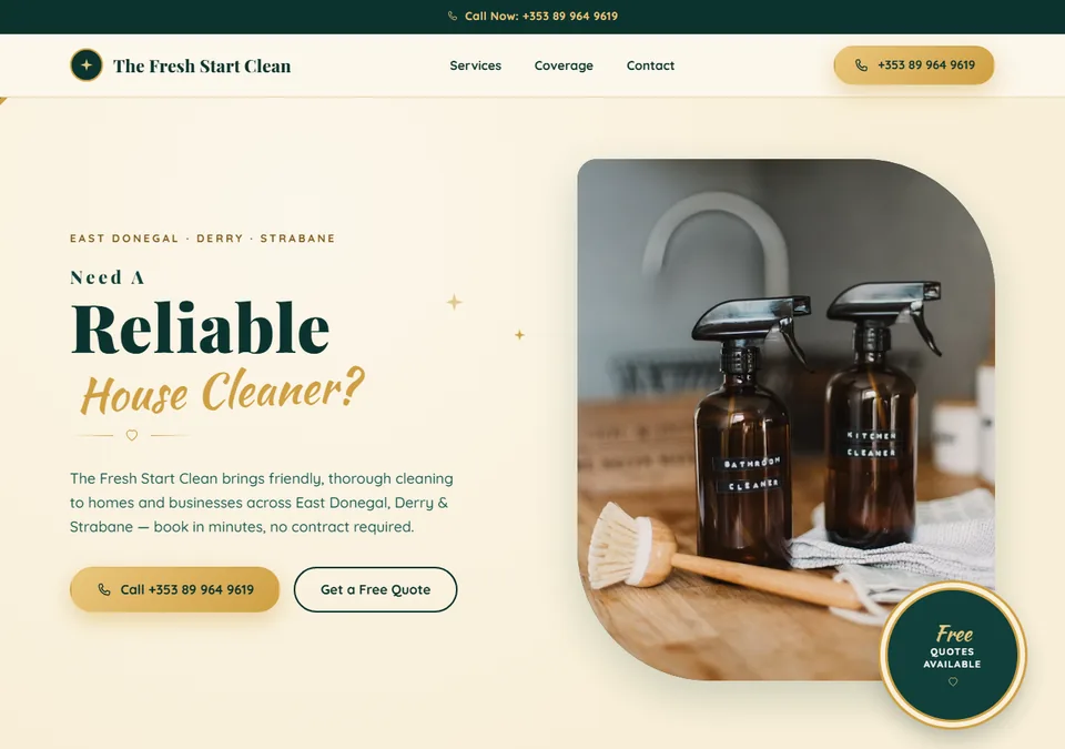 The Fresh Start Clean website on desktop — home and office cleaning across East Donegal, Derry and Strabane