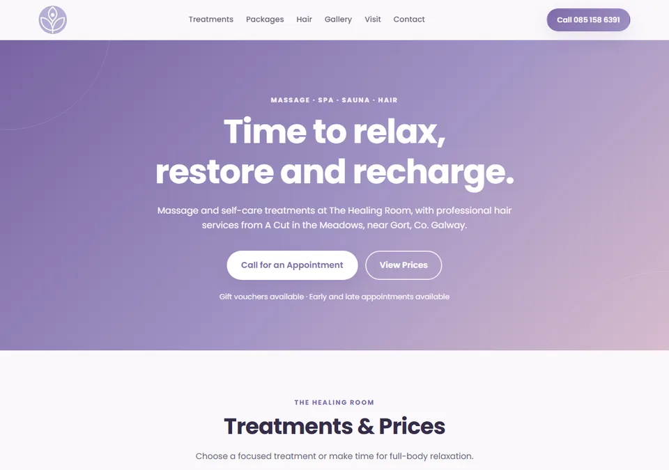 The Healing Room website on desktop — massage, spa and hair services in Gort, Co. Galway