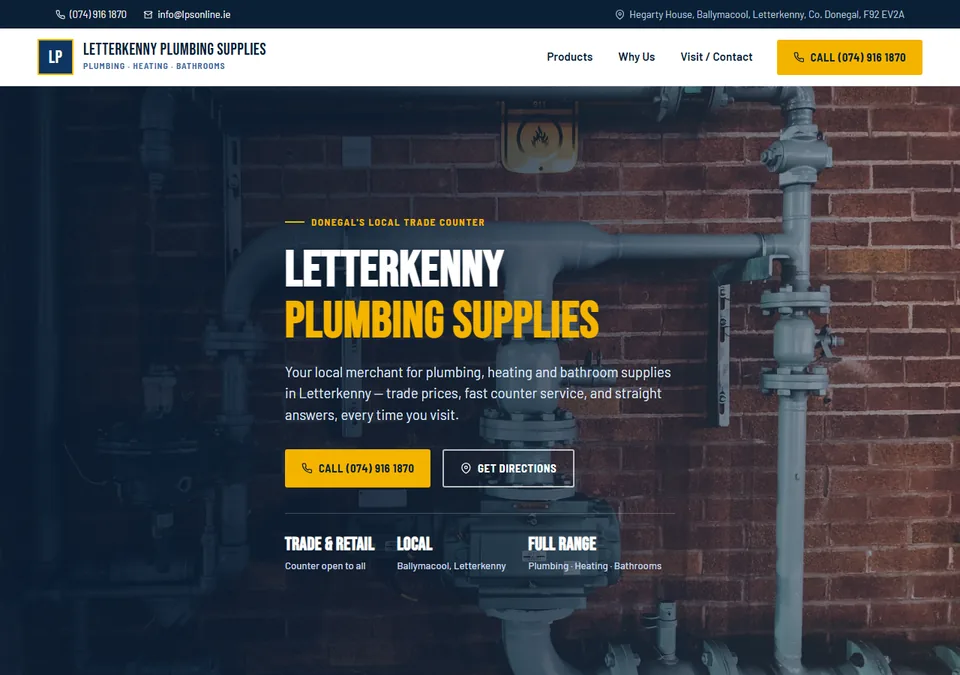 Letterkenny Plumbing Supplies website on desktop — plumbing, heating and bathroom merchants in Letterkenny, Co. Donegal
