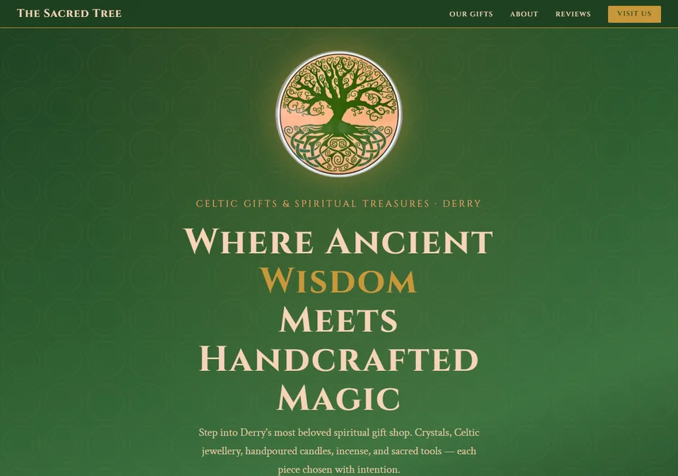 The Sacred Tree website on desktop — Celtic gifts and spiritual treasures shop in Derry