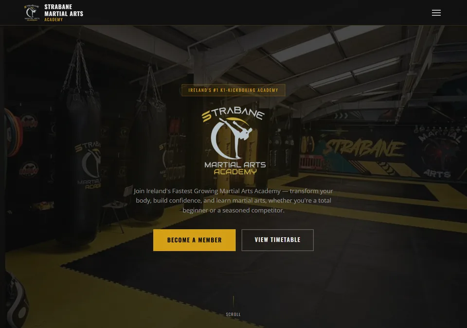 Strabane Martial Arts Academy website on desktop — K1 kickboxing academy in Strabane, Co. Tyrone