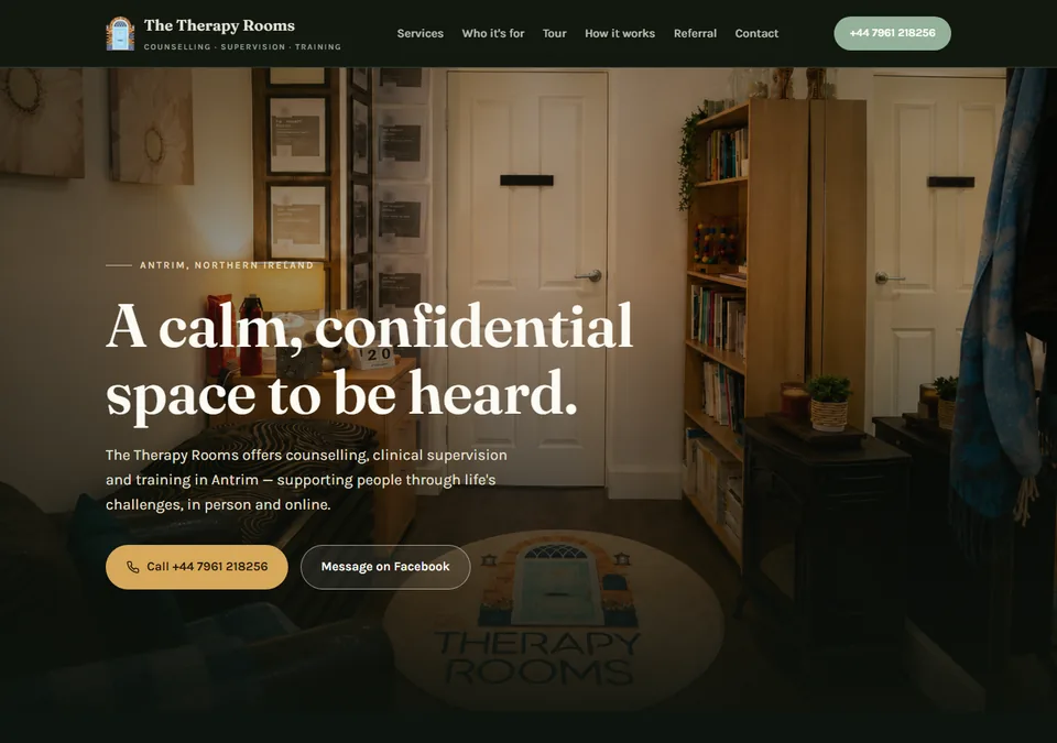 The Therapy Rooms website on desktop — counselling and clinical supervision in Antrim